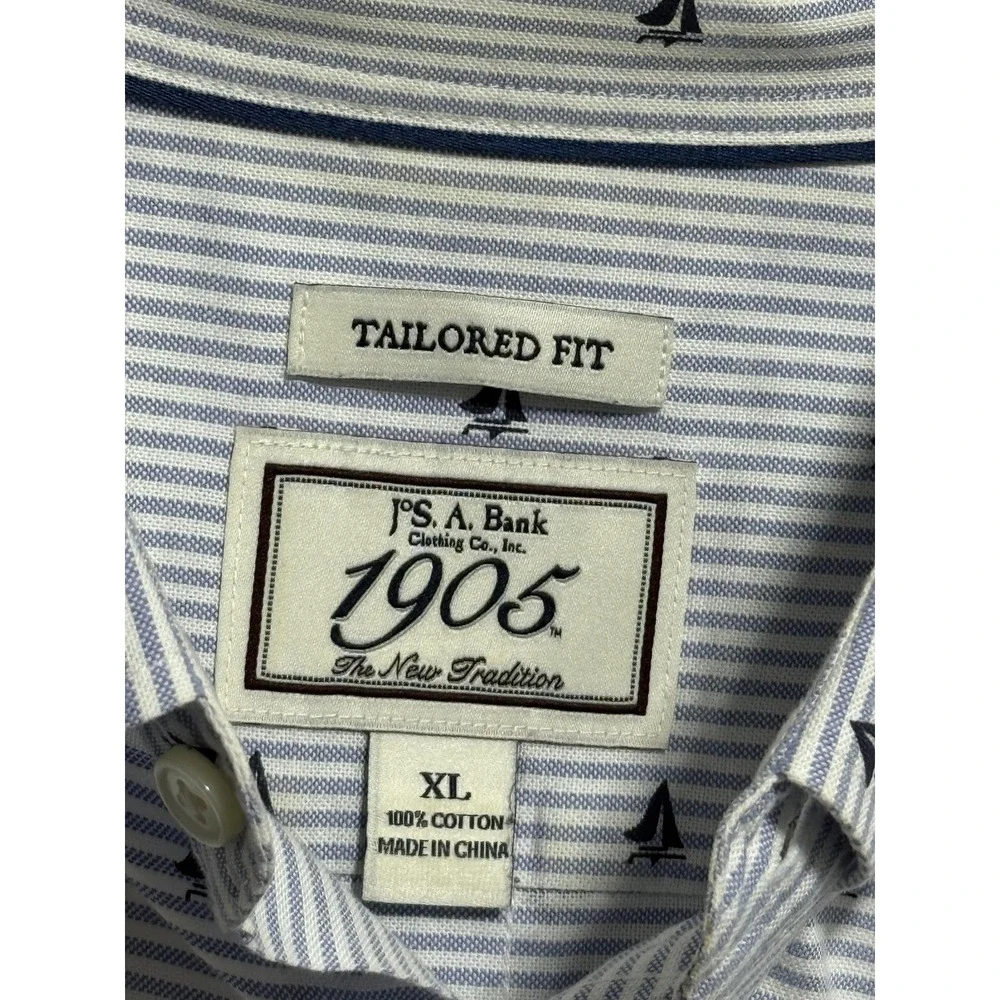 Jos A Bank 1905 Shirt Mens XL Blue White Striped Sailboat‎ Tailored Fit Cotton